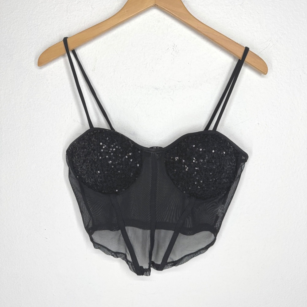 Black Sequin Mesh Corset Crop Top Size M Padded Bust Goth Edgy Glam Going Out